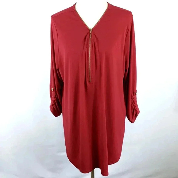 Women's Red Tunic Top Zenana Outfitters 3X Gold 1/3 Zip Popover Ruched Stretchy - Picture 2 of 11